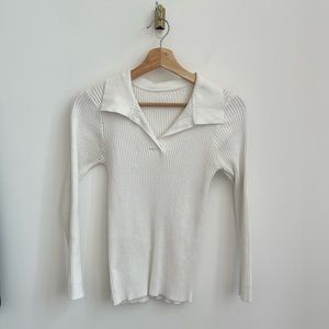 White Ribbed Cotton Long Sleeve Top